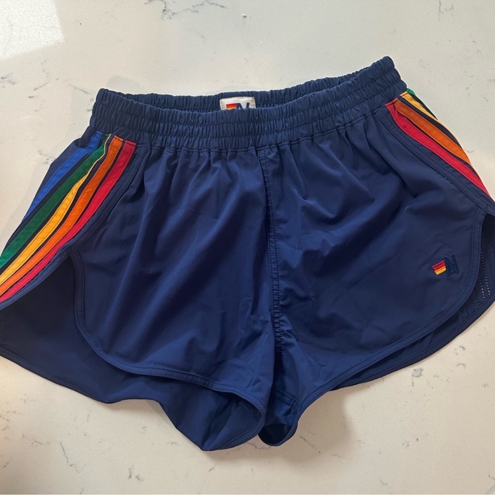 Navy Women's Athletic Shorts with Rainbow Stripes